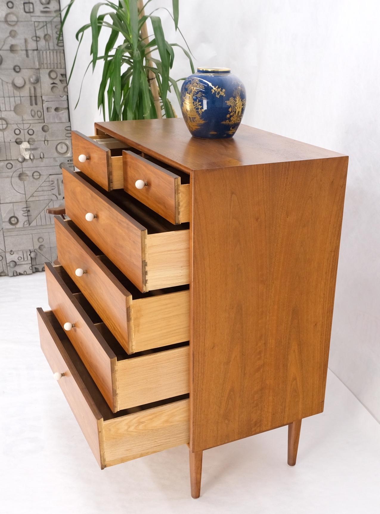 Mid Century 6 Drawers Walnut High Chest Dresser W/ Porcelain Ball Pulls Mint! For Sale 9