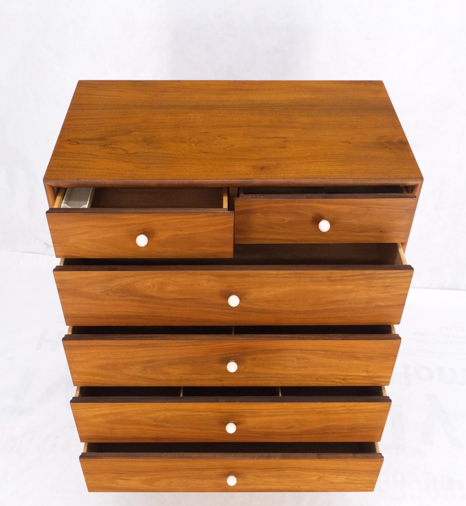 Mid Century 6 Drawers Walnut High Chest Dresser W/ Porcelain Ball Pulls Mint! For Sale 10