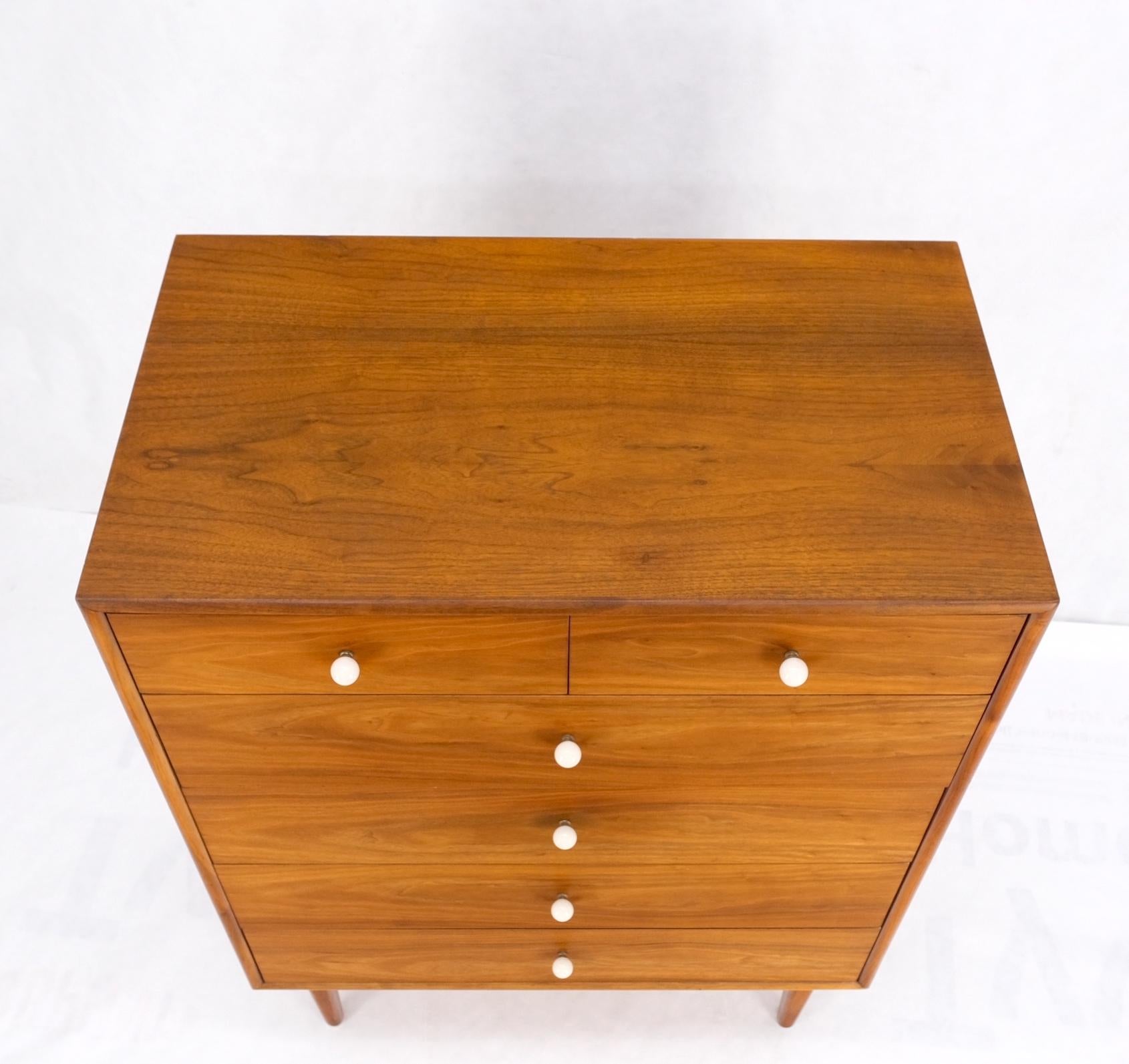 Mid Century 6 Drawers Walnut High Chest Dresser W/ Porcelain Ball Pulls Mint! For Sale 12