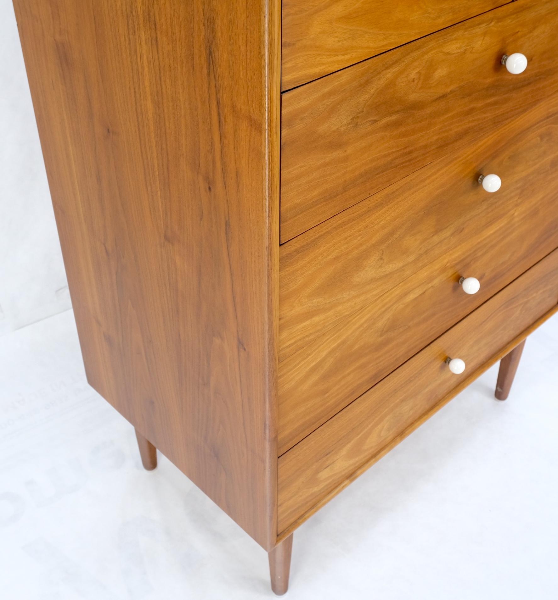 Mid Century 6 Drawers Walnut High Chest Dresser W/ Porcelain Ball Pulls Mint! For Sale 2