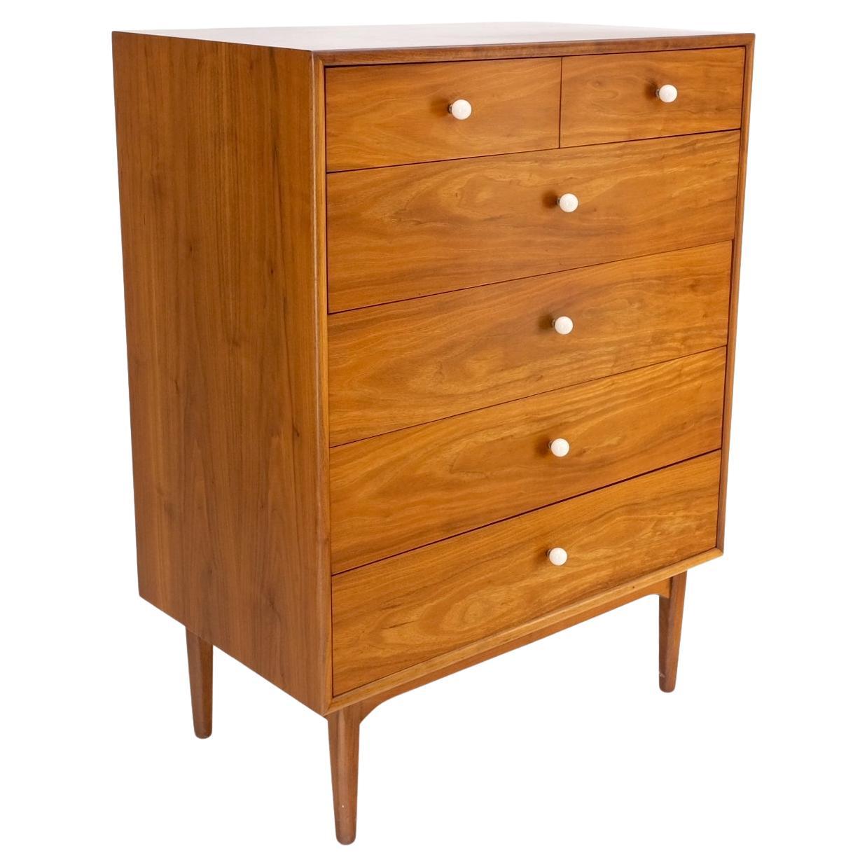 Mid Century 6 Drawers Walnut High Chest Dresser W/ Porcelain Ball Pulls Mint! For Sale