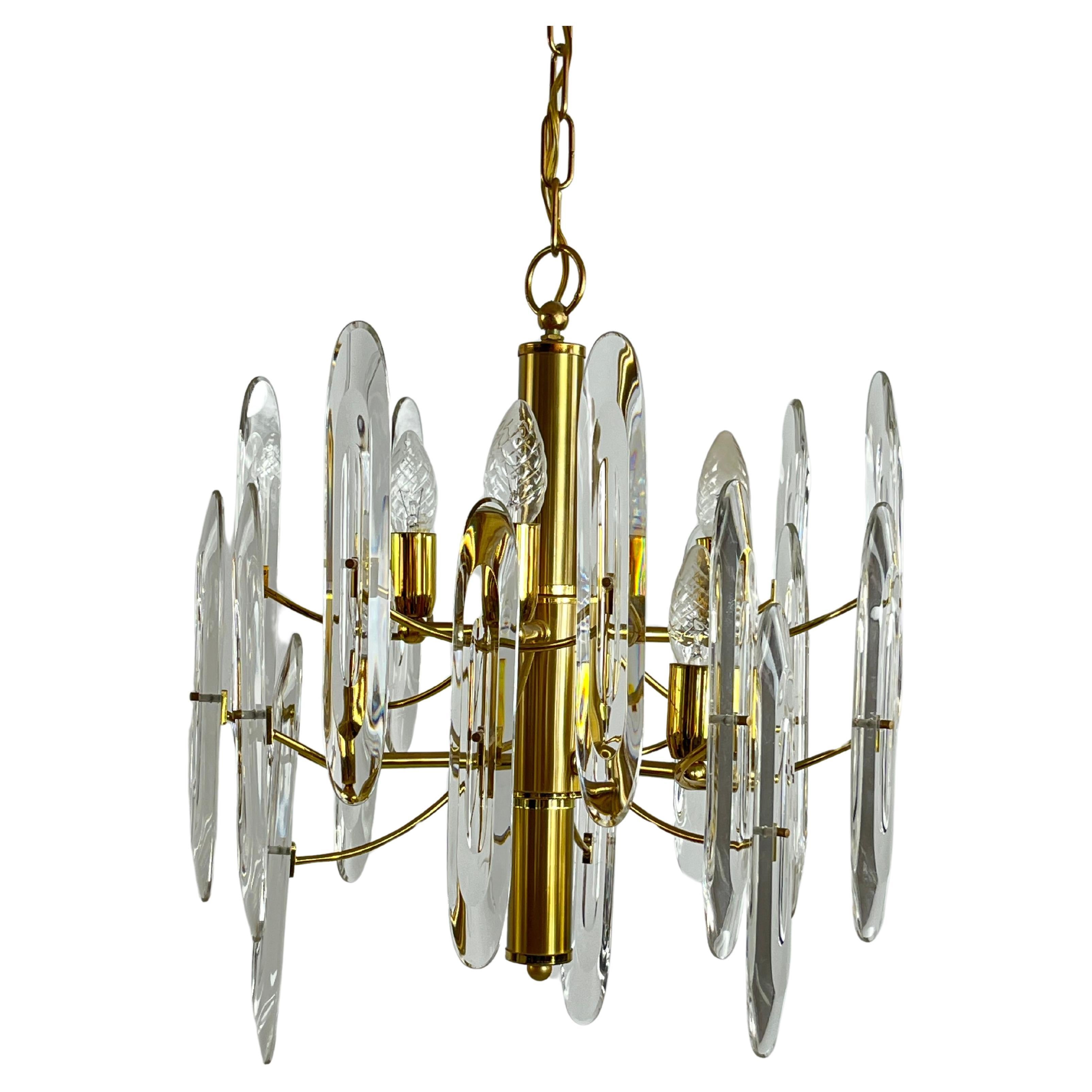 Mid-Century 6-Light Brass And Crystal Chandelier Attributed To Sciolari 1960s