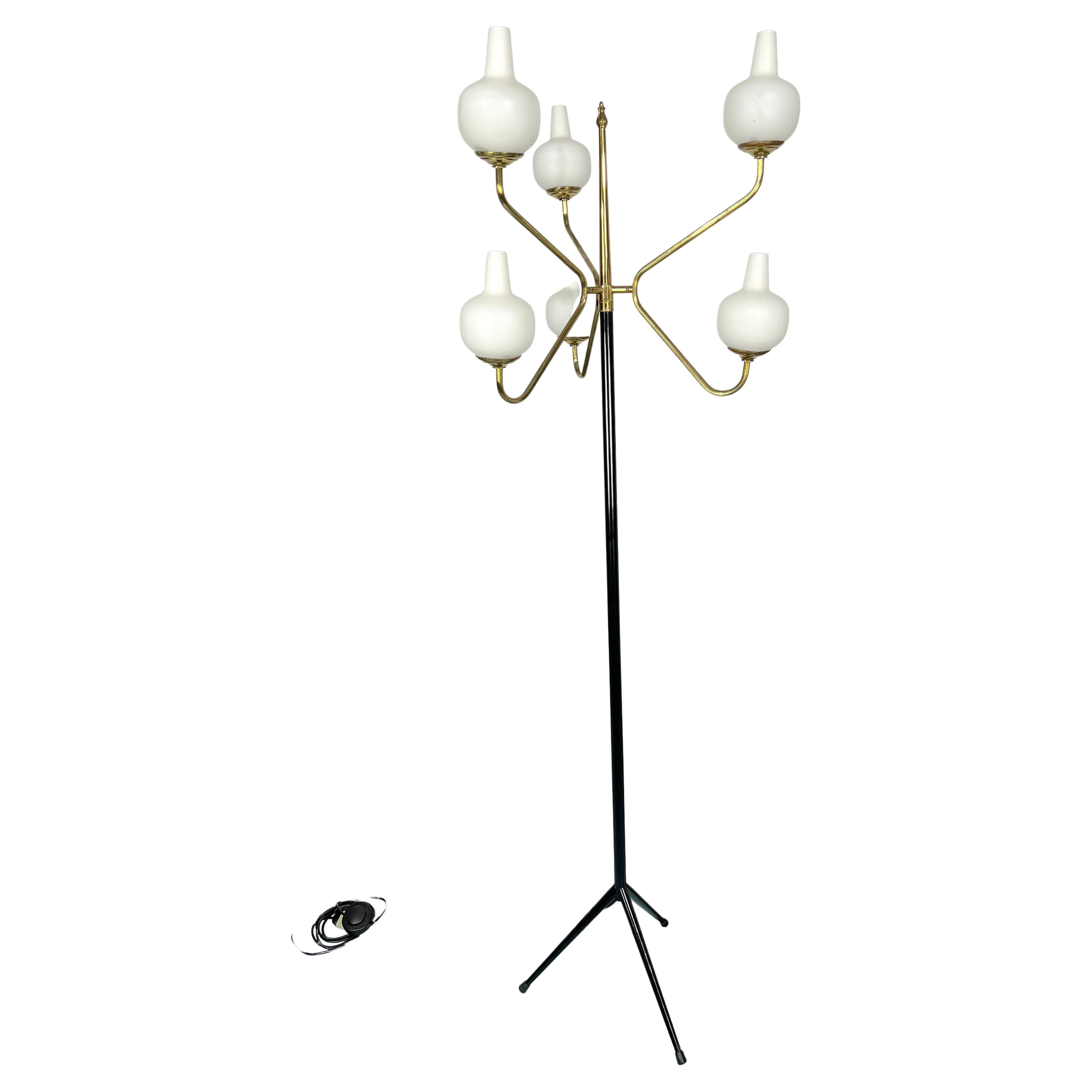 Mid Century Brass Floor Lamp with Globe Lights at 1stDibs