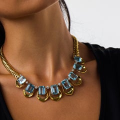 Mid century 60.00 carat aquamarine diamond 18k yellow gold necklace