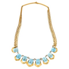 Mid century 60.00 carat aquamarine diamond 18k yellow gold necklace