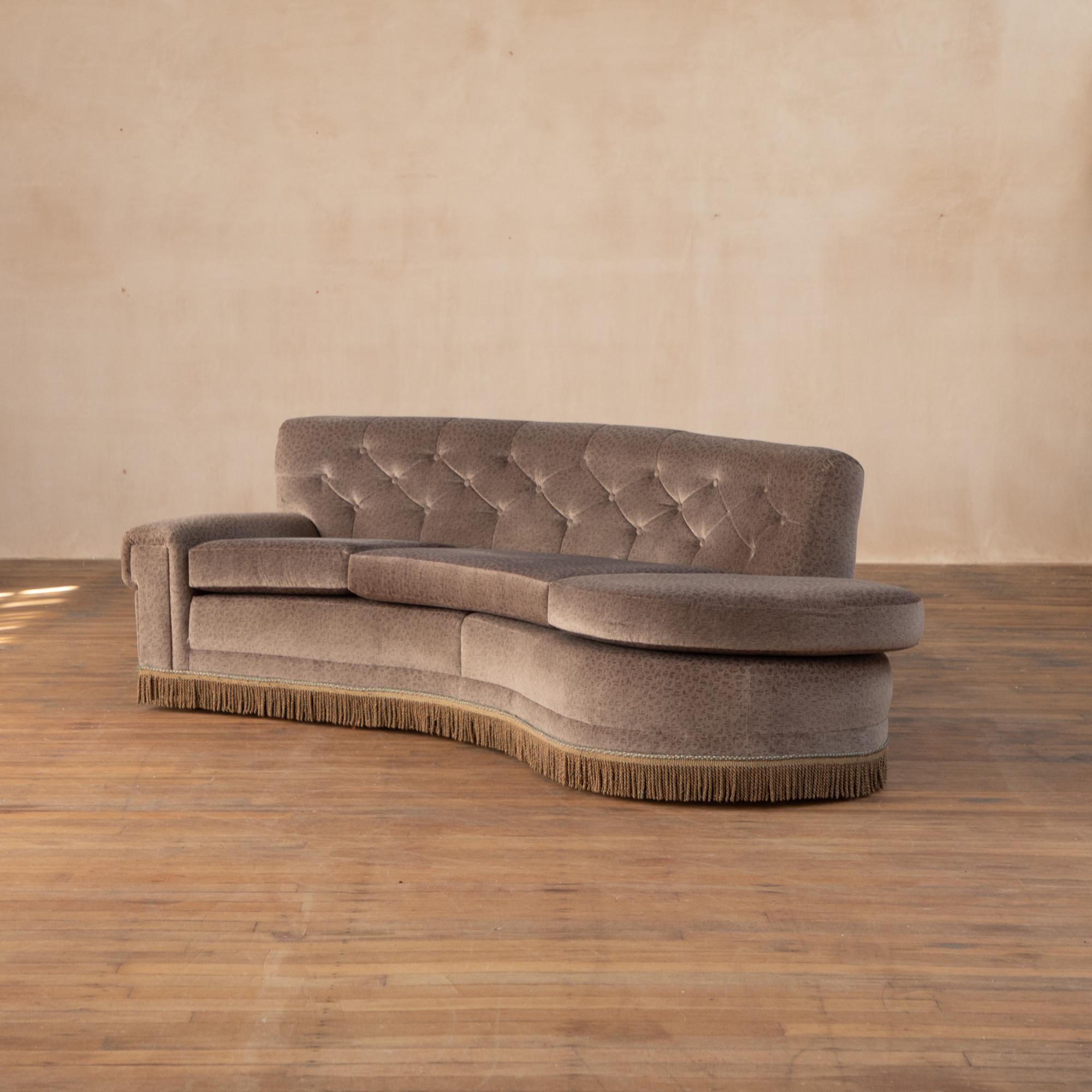 European Midcentury 1960s Curved Sofa, Original Leopard Print Upholstery Serpentine Style