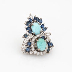 Mid Century 60s Vintage Pendant Turquoise Sapphire Diamond 10k White Gold