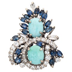 Mid Century 60s Vintage Pendant Turquoise Sapphire Diamond 10k White Gold