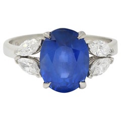 Mid-Century 6.12 CTW No Heat Burma Sapphire Diamond Platinum Five Stone Ring GIA