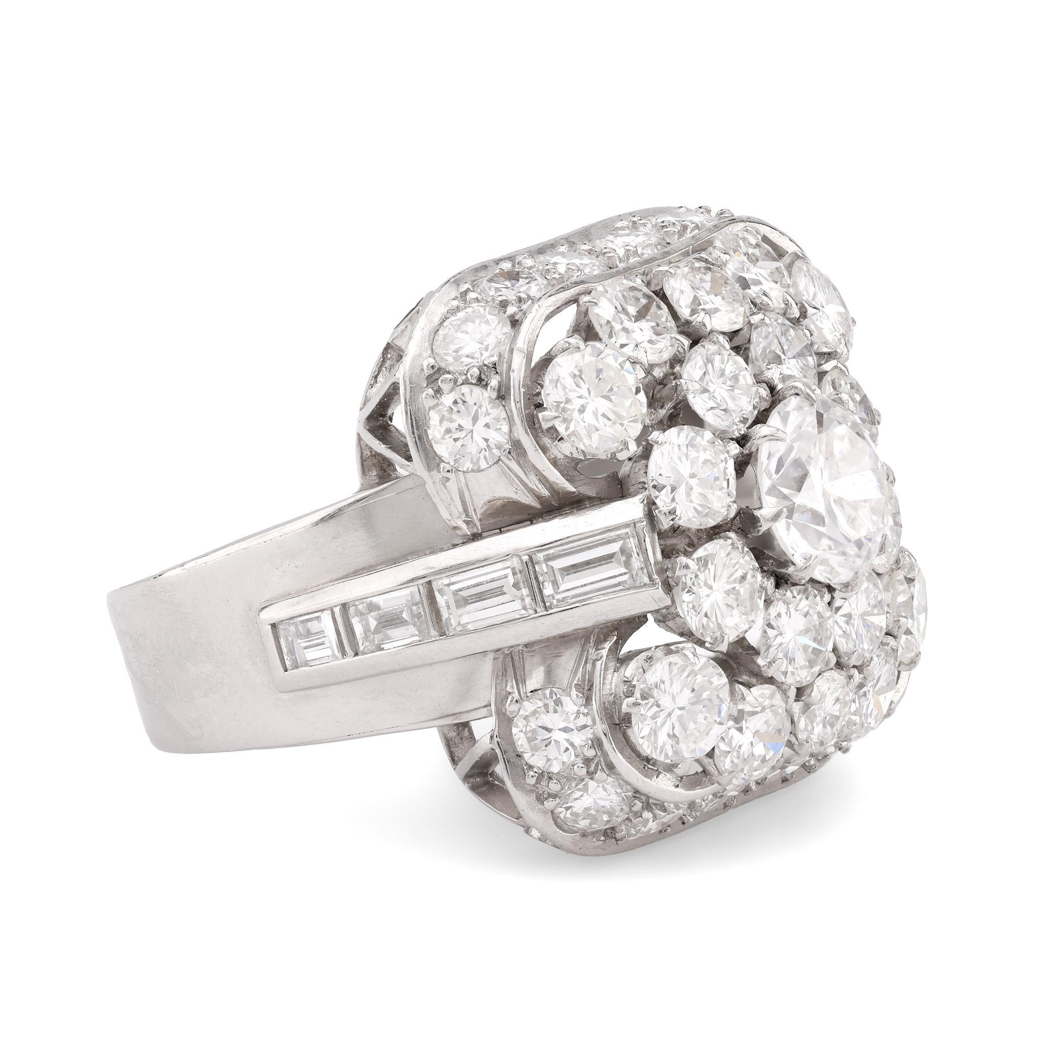 Modern Mid Century 6.5 carat total weight diamond platinum cocktail ring For Sale