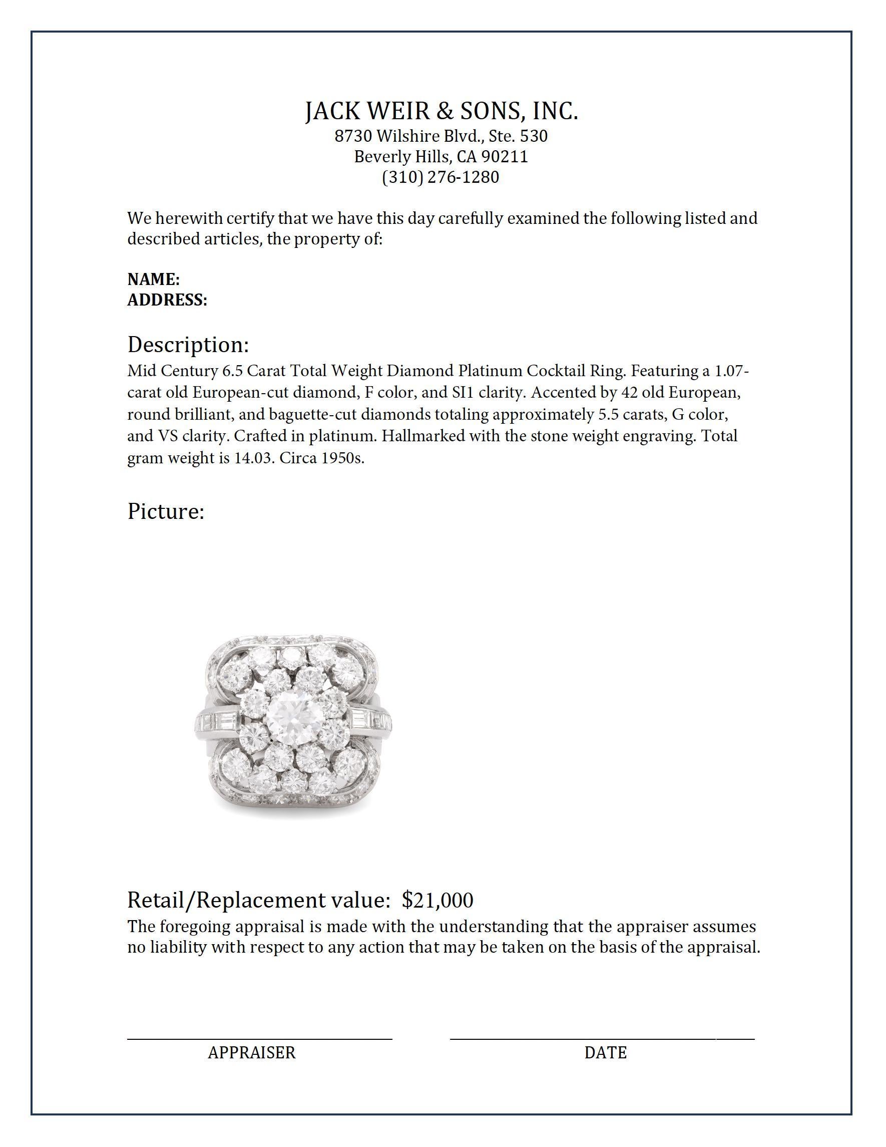 Mid Century 6.5 carat total weight diamond platinum cocktail ring In Excellent Condition For Sale In Beverly Hills, CA