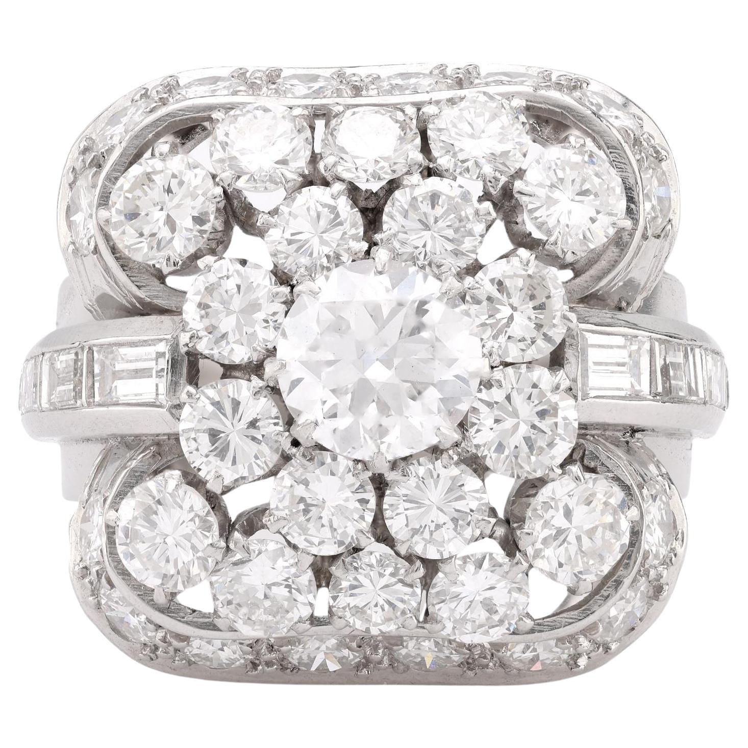 Mid Century 6.5 carat total weight diamond platinum cocktail ring
