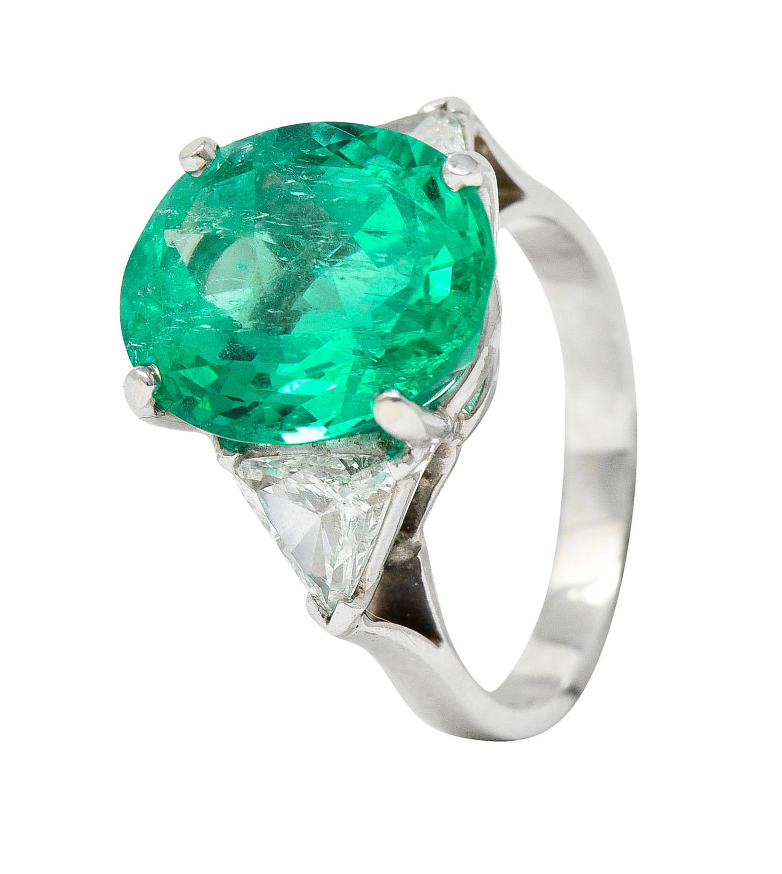 Mid-Century 6.70 Carats Colombian Emerald Diamond 14 Karat White Gold Ring GIA 5