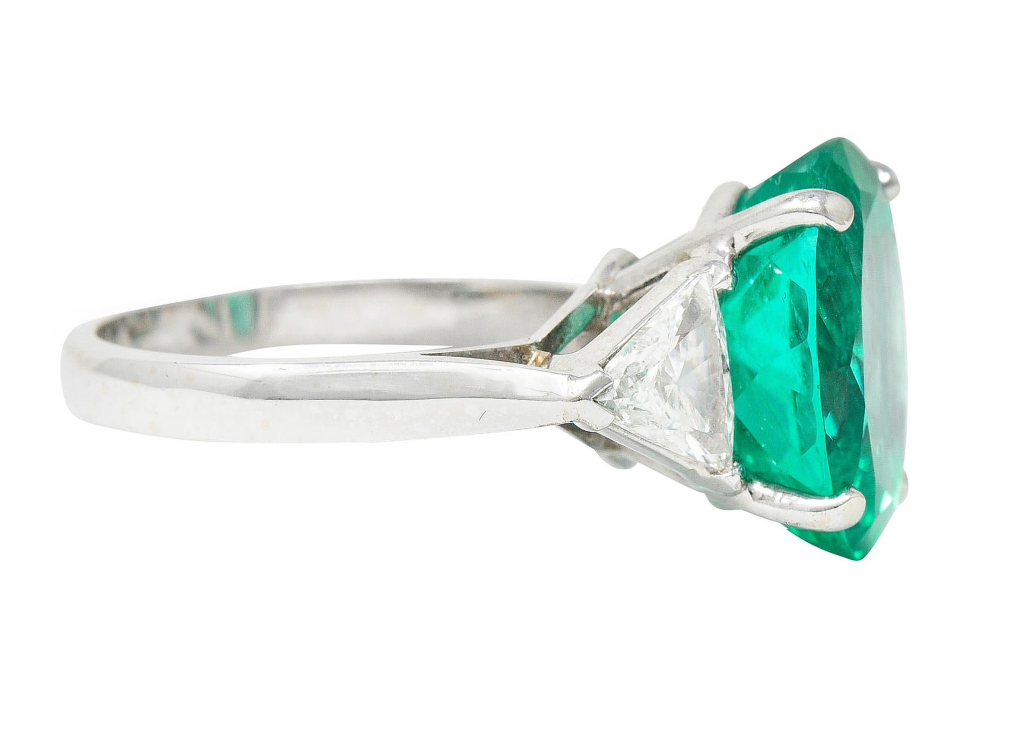 Retro Mid-Century 6.70 Carats Colombian Emerald Diamond 14 Karat White Gold Ring GIA