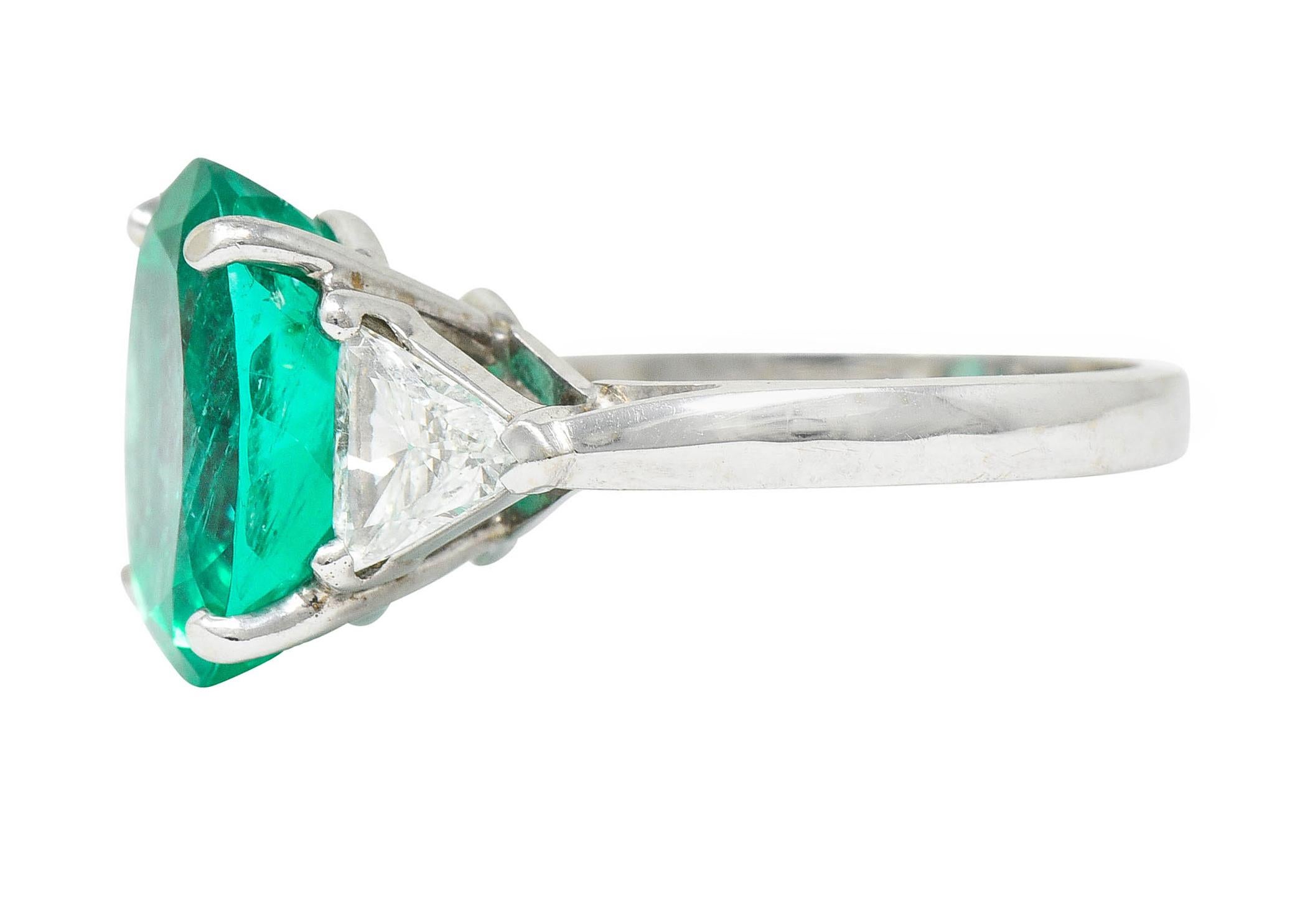 Mid-Century 6.70 Carats Colombian Emerald Diamond 14 Karat White Gold Ring GIA In Excellent Condition In Philadelphia, PA