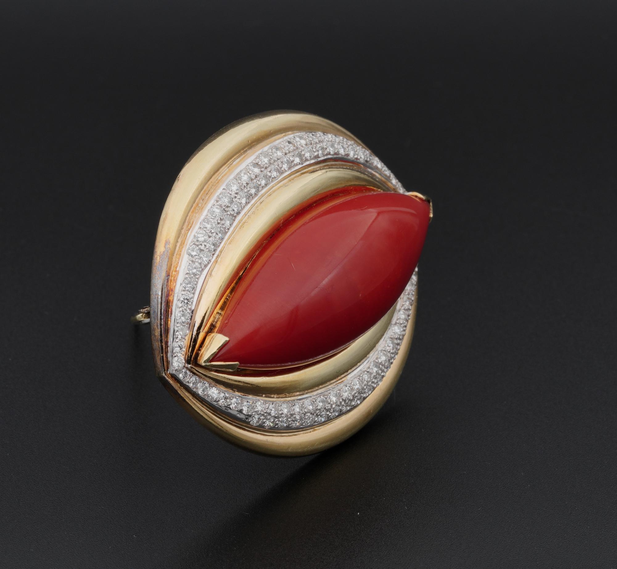 Cabochon Mid Century 67.00 Ct Red Coral 2.90 CT Diamond Rare Brooch Pendant For Sale