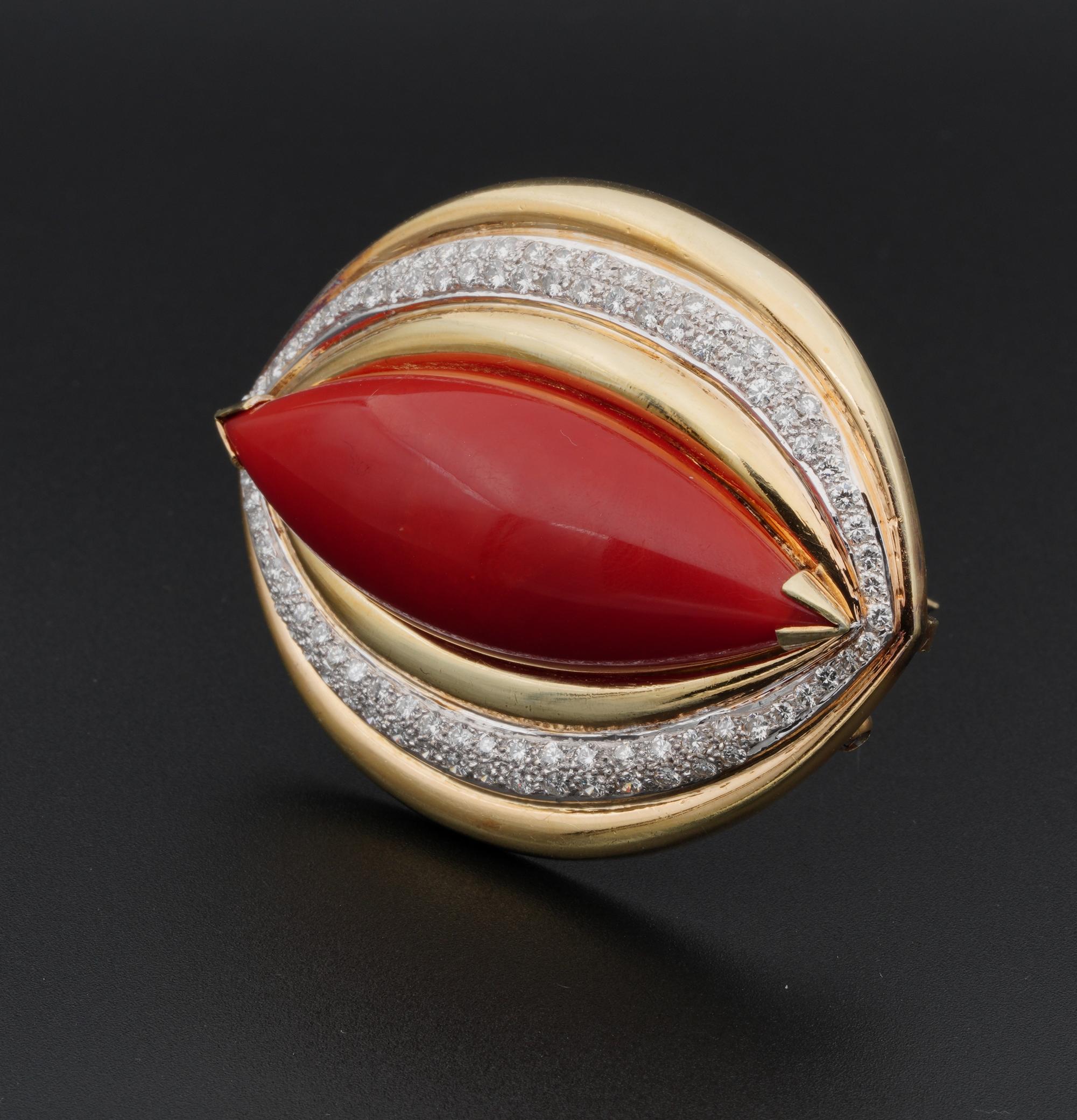 Women's Mid Century 67.00 Ct Red Coral 2.90 CT Diamond Rare Brooch Pendant For Sale