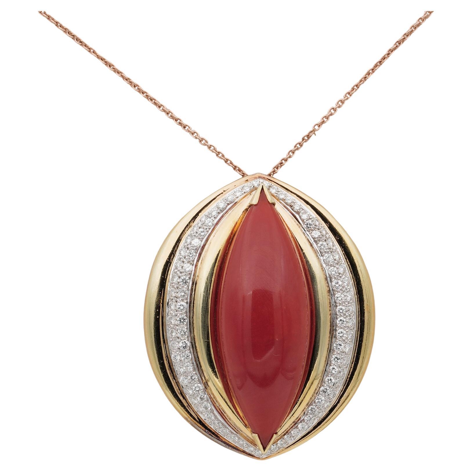 Mid Century 67.00 Ct Red Coral 2.90 CT Diamond Rare Brooch Pendant For Sale