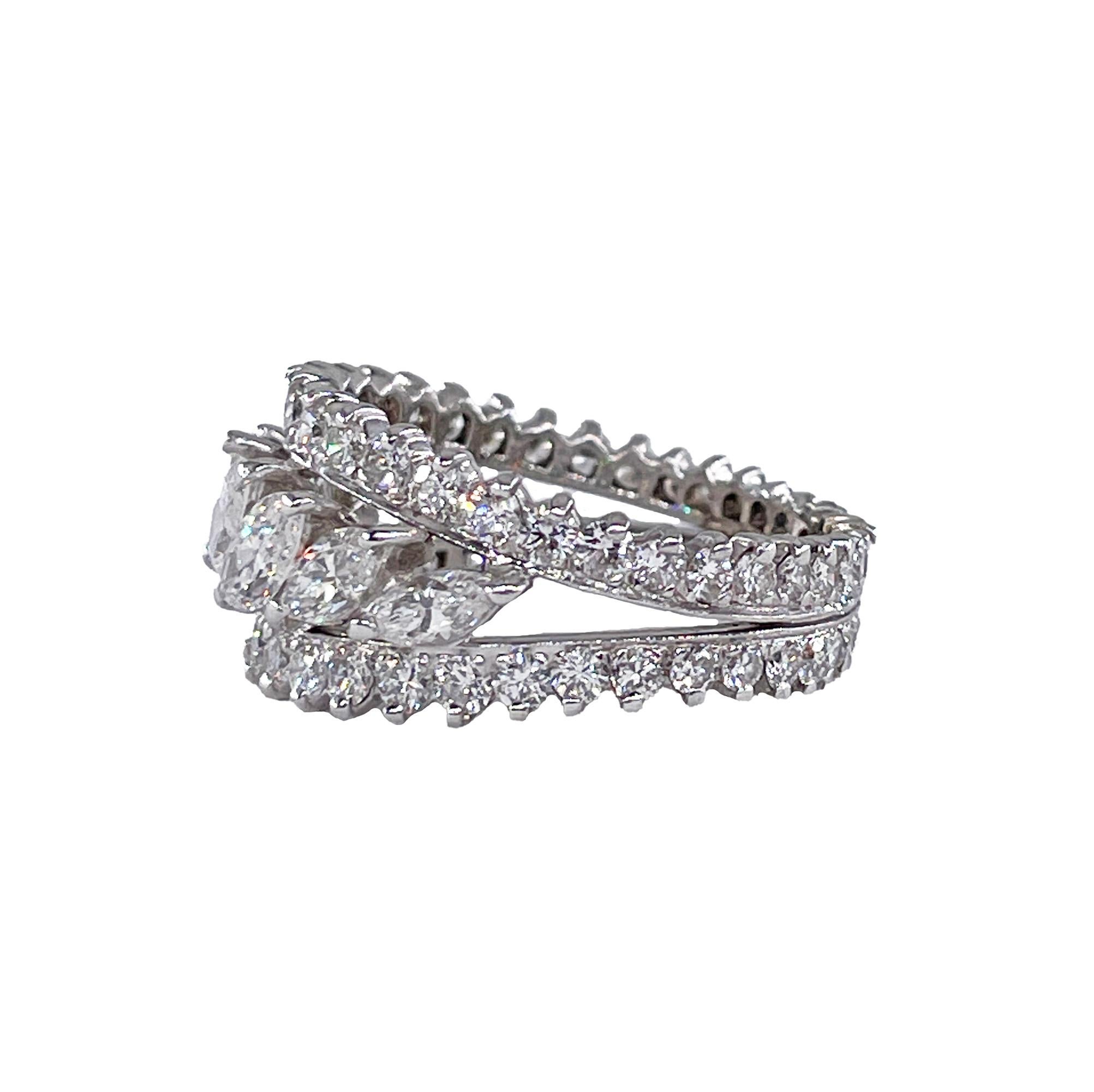 Marquise Cut Mid-Century 6.89ctw Marquise Round Diamond Vintage Eternity Band  Platinum Ring For Sale