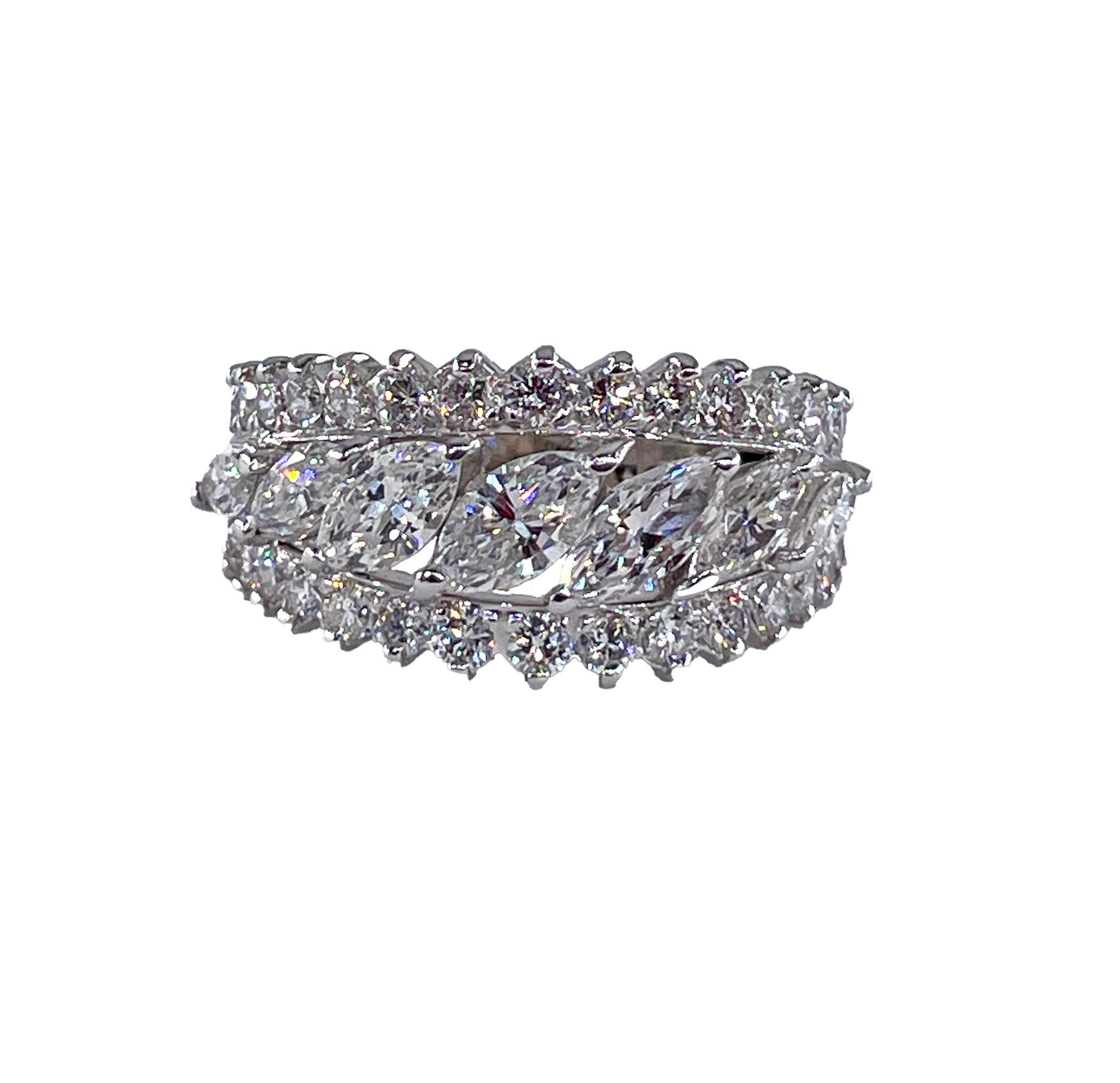 Women's Mid-Century 6.89ctw Marquise Round Diamond Vintage Eternity Band  Platinum Ring For Sale