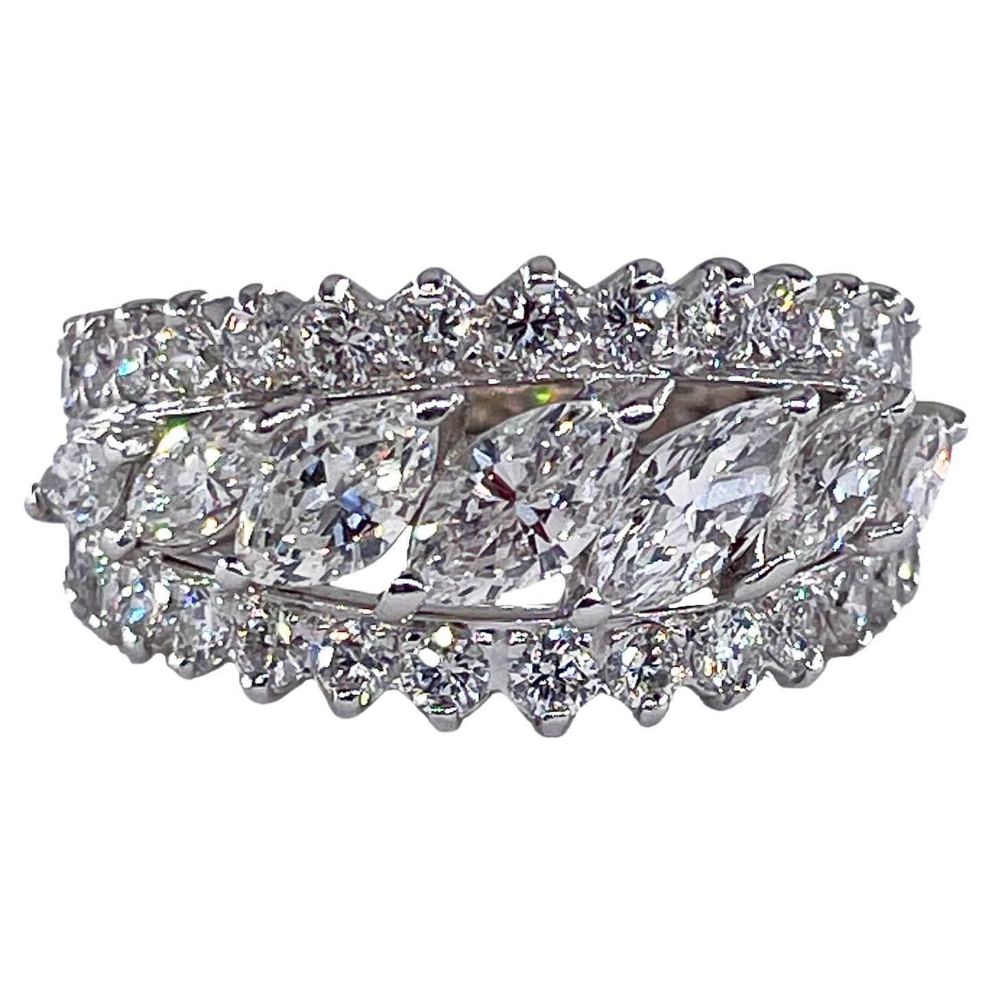 Mid-Century 6.89ctw Marquise Round Diamond Vintage Eternity Band  Platinum Ring For Sale