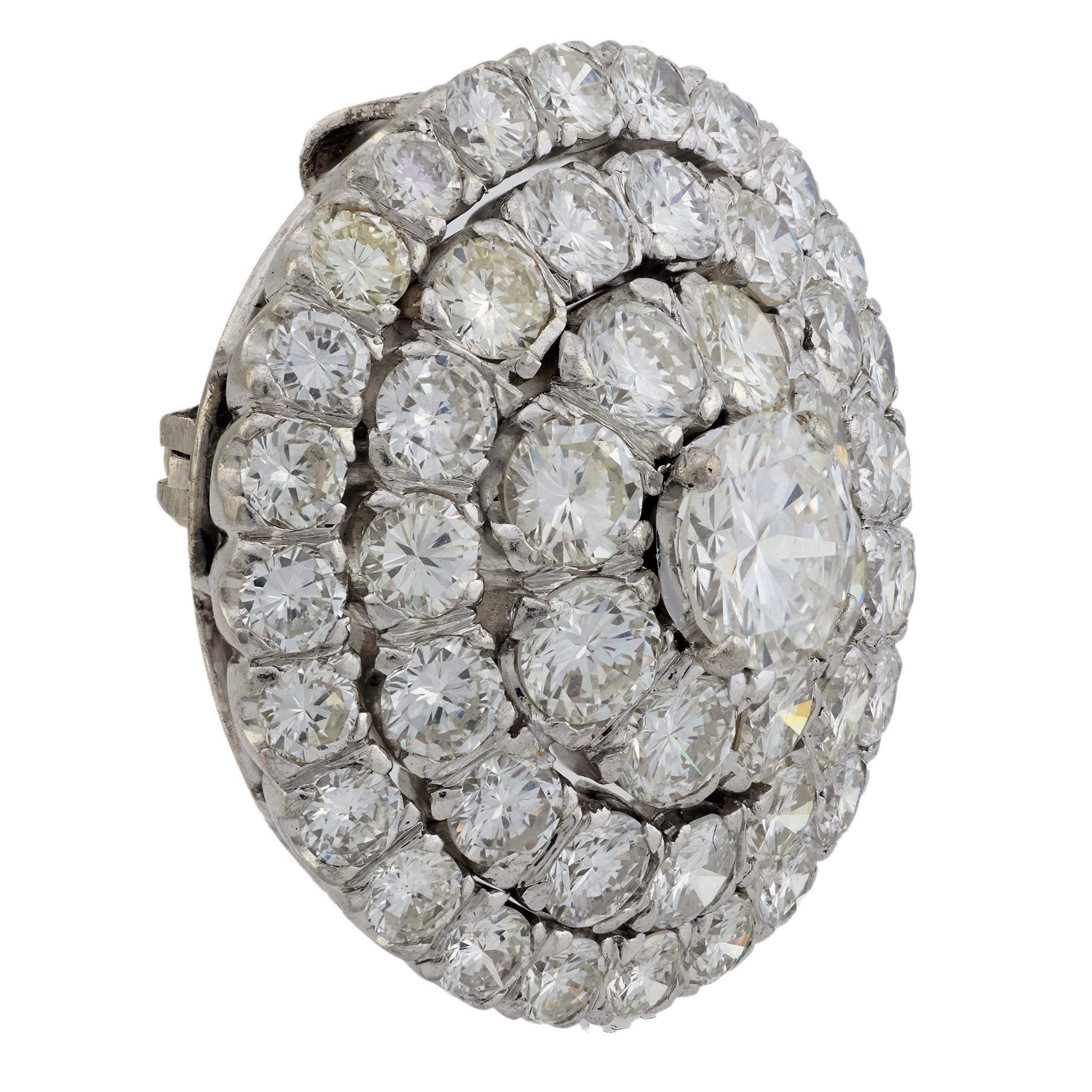 Modern Mid Century 7 carat diamond 18k white gold 3 row cluster pendant brooch For Sale