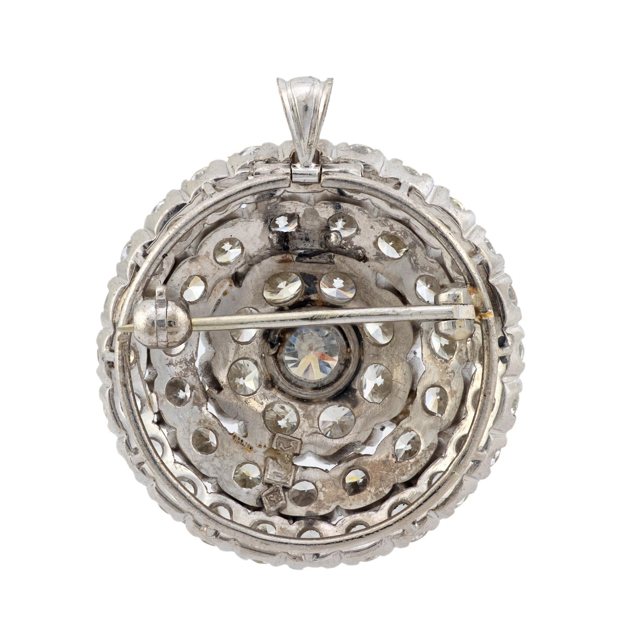 Brilliant Cut Mid Century 7 carat diamond 18k white gold 3 row cluster pendant brooch For Sale