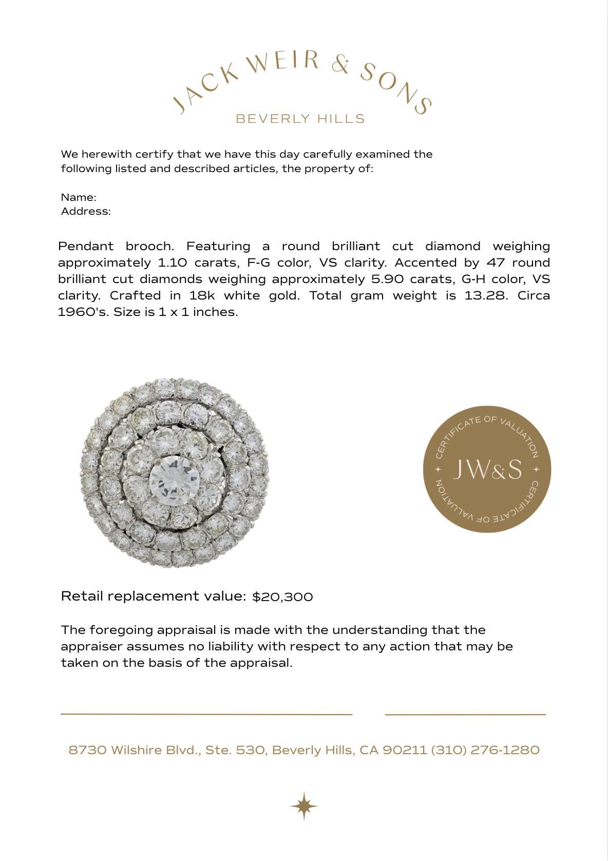 Mid Century 7 carat diamond 18k white gold 3 row cluster pendant brooch In Good Condition For Sale In Beverly Hills, CA