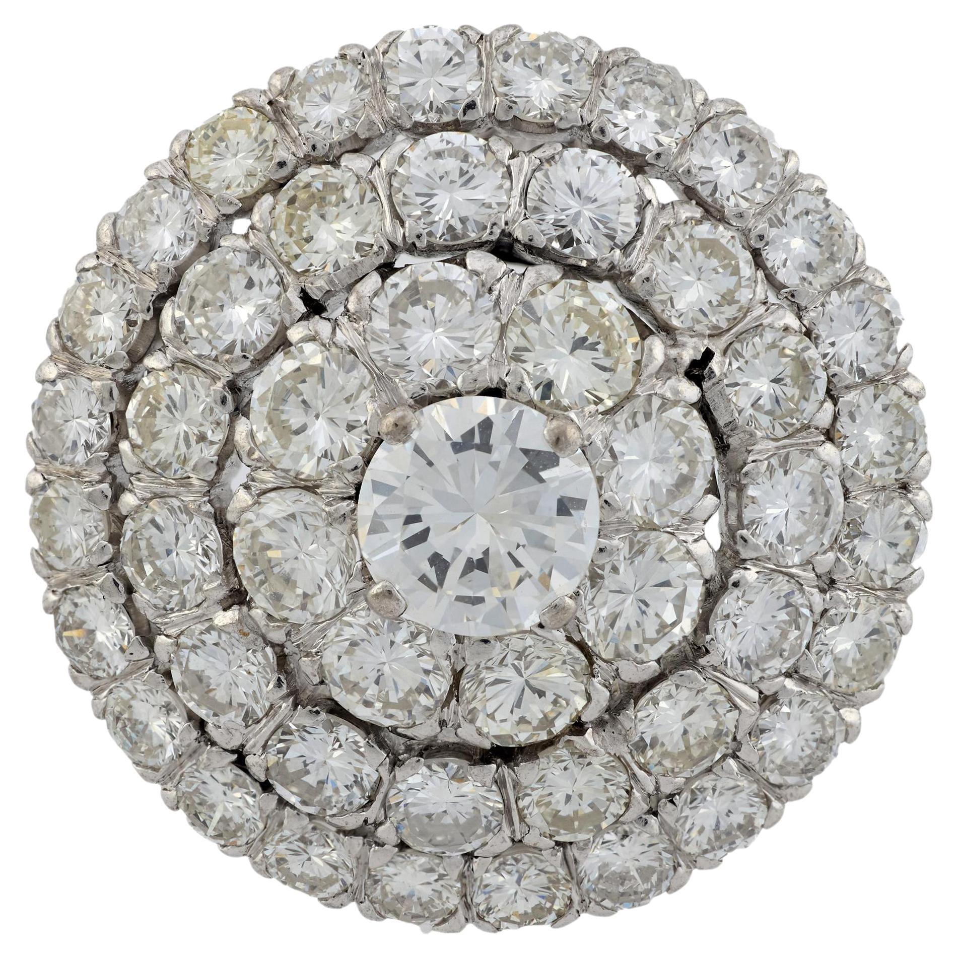 Mid Century 7 carat diamond 18k white gold 3 row cluster pendant brooch For Sale