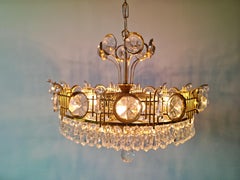 7-stöckiger Kristall- und Messing-Kronleuchter aus der Jahrhundertmitte, Palwa, Deutschland 1970er Jahre