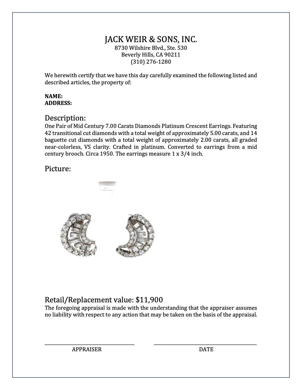 Mid-Century Halbmond-Ohrringe mit 7,00 Karat Diamanten aus Platin 3