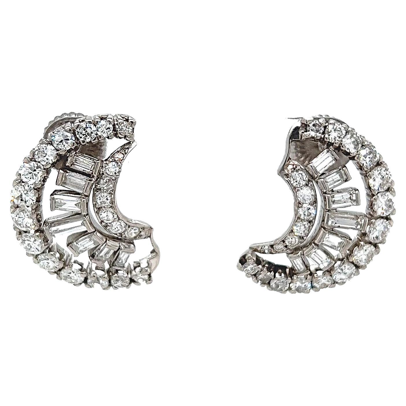 Mid Century 7.00 Carats Diamonds Platinum Crescent Earrings