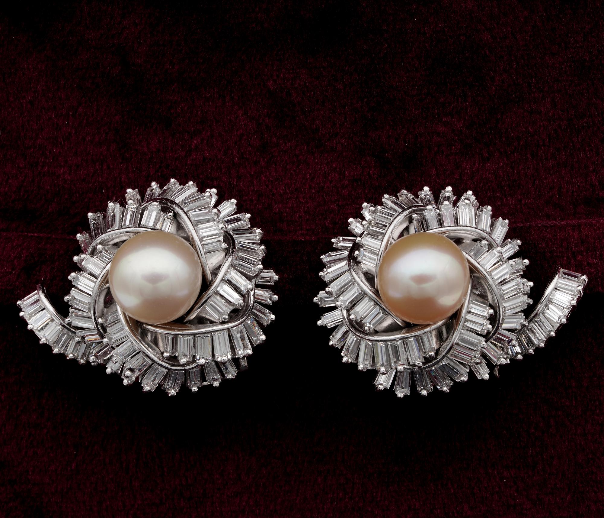 Spectacular pair very finely hand crafted as unique pair of solid PLATINUM, 1960 ca
Fantastic design made out by tiers of baguette Diamonds and Japanese Pearls in a dazzling knot, tasteful style boasting incredible past craftsmanship of endless