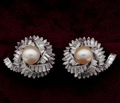 Mid Century 7.00 Ct Diamond 9.5 mm Pearl Platinum earrings