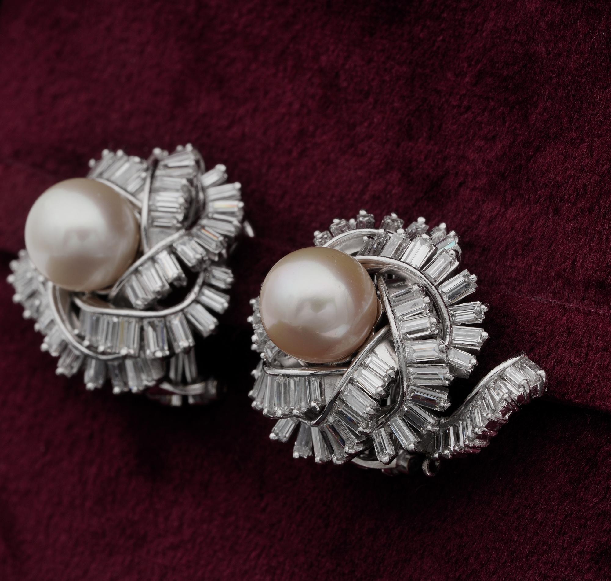 Women's Mid Century 7.00 Ct Diamond 9.5 mm Pearl Platinum earrings For Sale