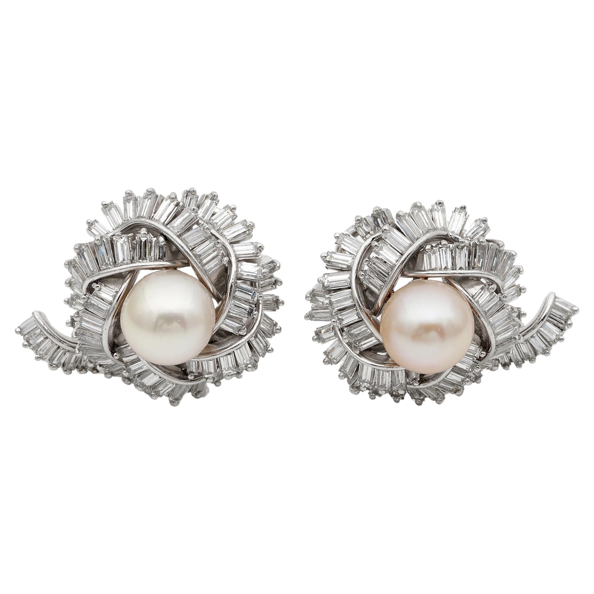 Mid Century 7.00 Ct Diamond 9.5 mm Pearl Platinum earrings For Sale