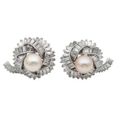 Mid Century 7.00 Ct Diamond 9.5 mm Pearl Platinum earrings