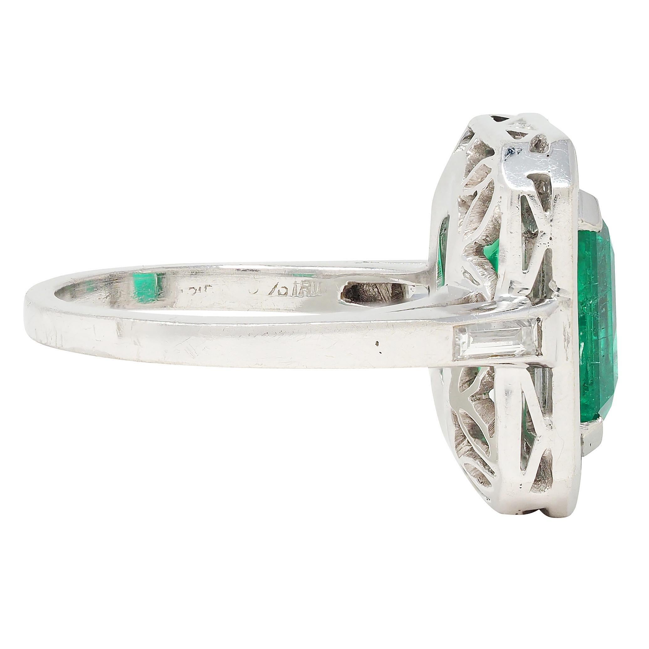 Emerald Cut Mid-Century 7.00 CTW Colombian Emerald Diamond Platinum Vintage Halo Ring GIA For Sale