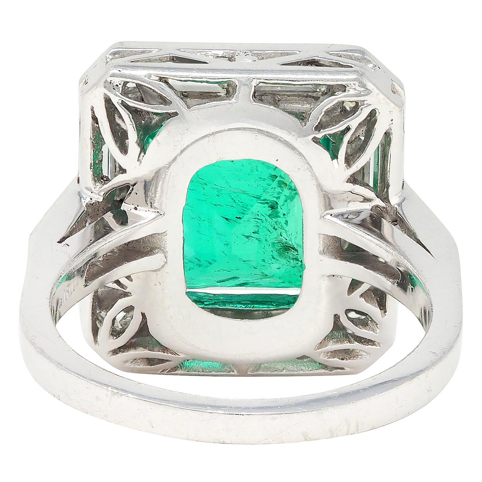 Mid-Century 7.00 CTW Colombian Emerald Diamond Platinum Vintage Halo Ring GIA In Excellent Condition For Sale In Philadelphia, PA