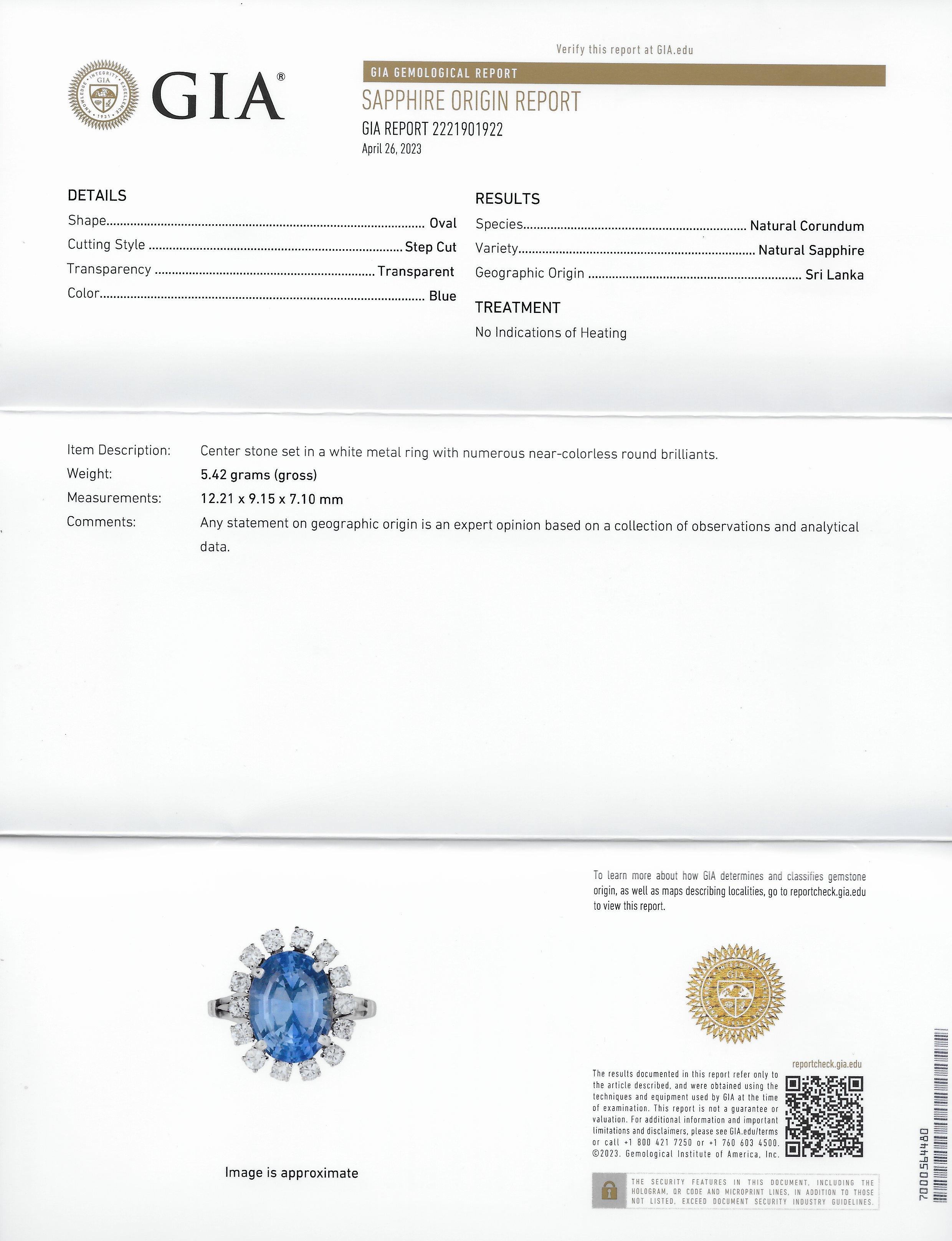 Midcentury 7.03 Carats No Heat Ceylon Sapphire Diamond 14 Karat White Gold Ring For Sale 5