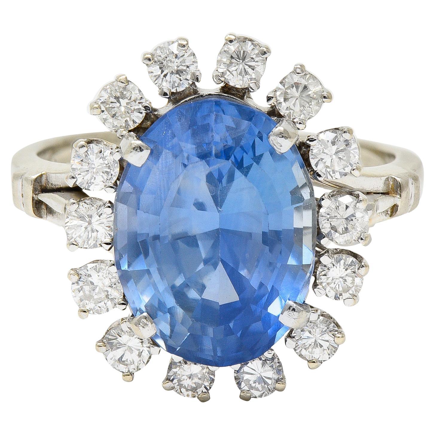 Midcentury 7.03 Carats No Heat Ceylon Sapphire Diamond 14 Karat White Gold Ring For Sale