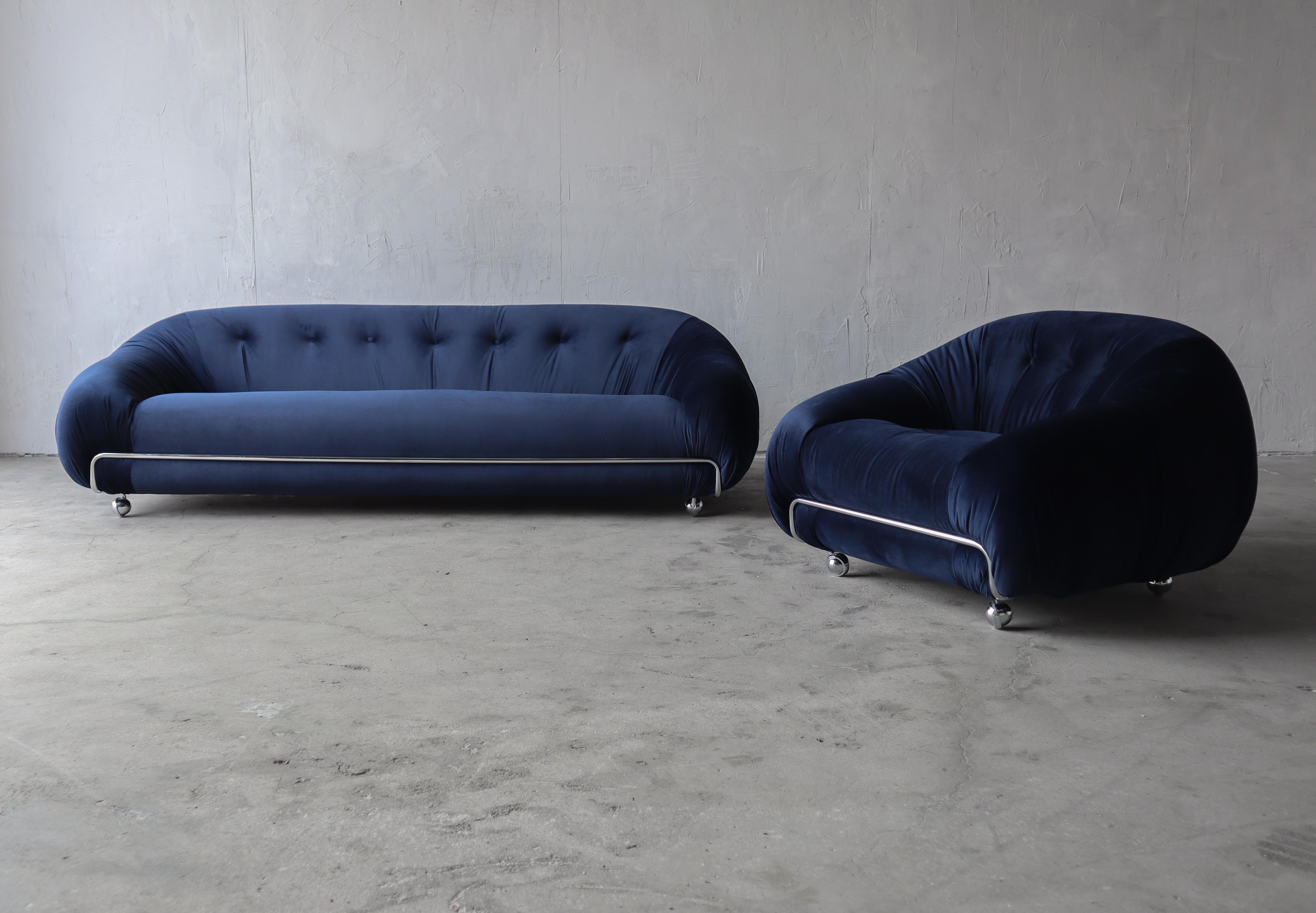 Mid-Century Modern Mid Century 70s Italian Velvet & Chrome Sofa Set