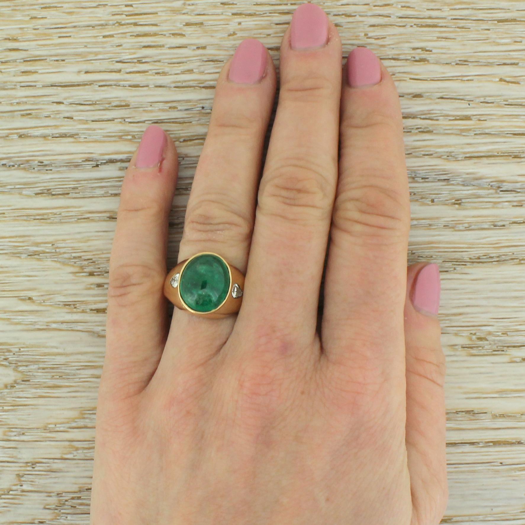 Midcentury 7.10 Carat Cabochon Emerald and Pear Cut Diamond Ring For Sale 2