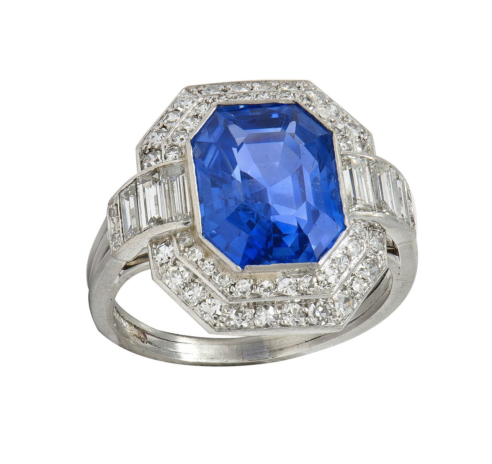 Bague halo vintage du milieu du siècle, saphir de Ceylan non chauffé, diamant et platine, 7,12 carats poids total en vente 6