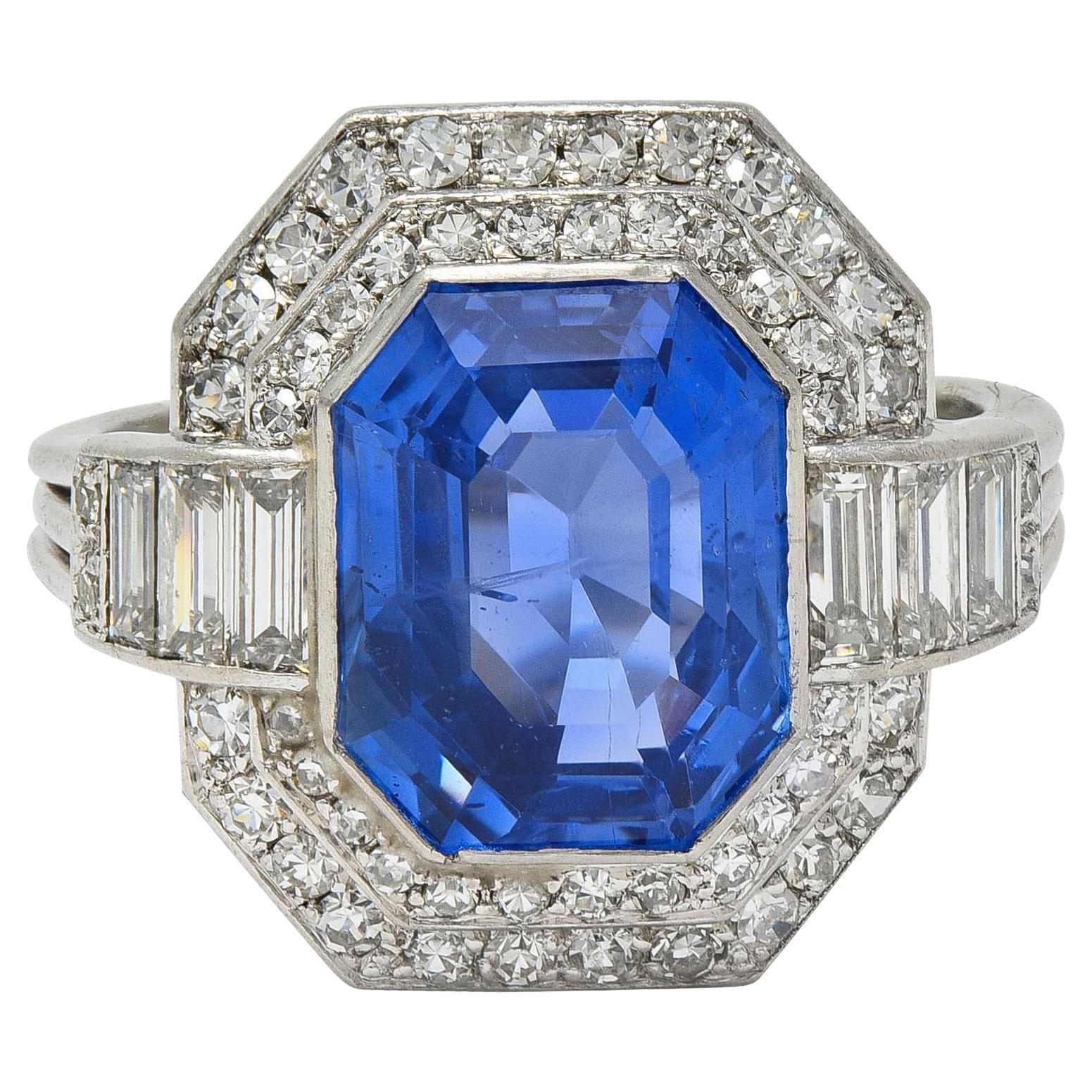 Mid Century 7.12 CTW No Heat Ceylon Sapphire Diamond Platinum Vintage Halo Ring