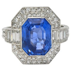 Mid Century 7.12 CTW No Heat Ceylon Sapphire Diamond Platinum Vintage Halo Ring