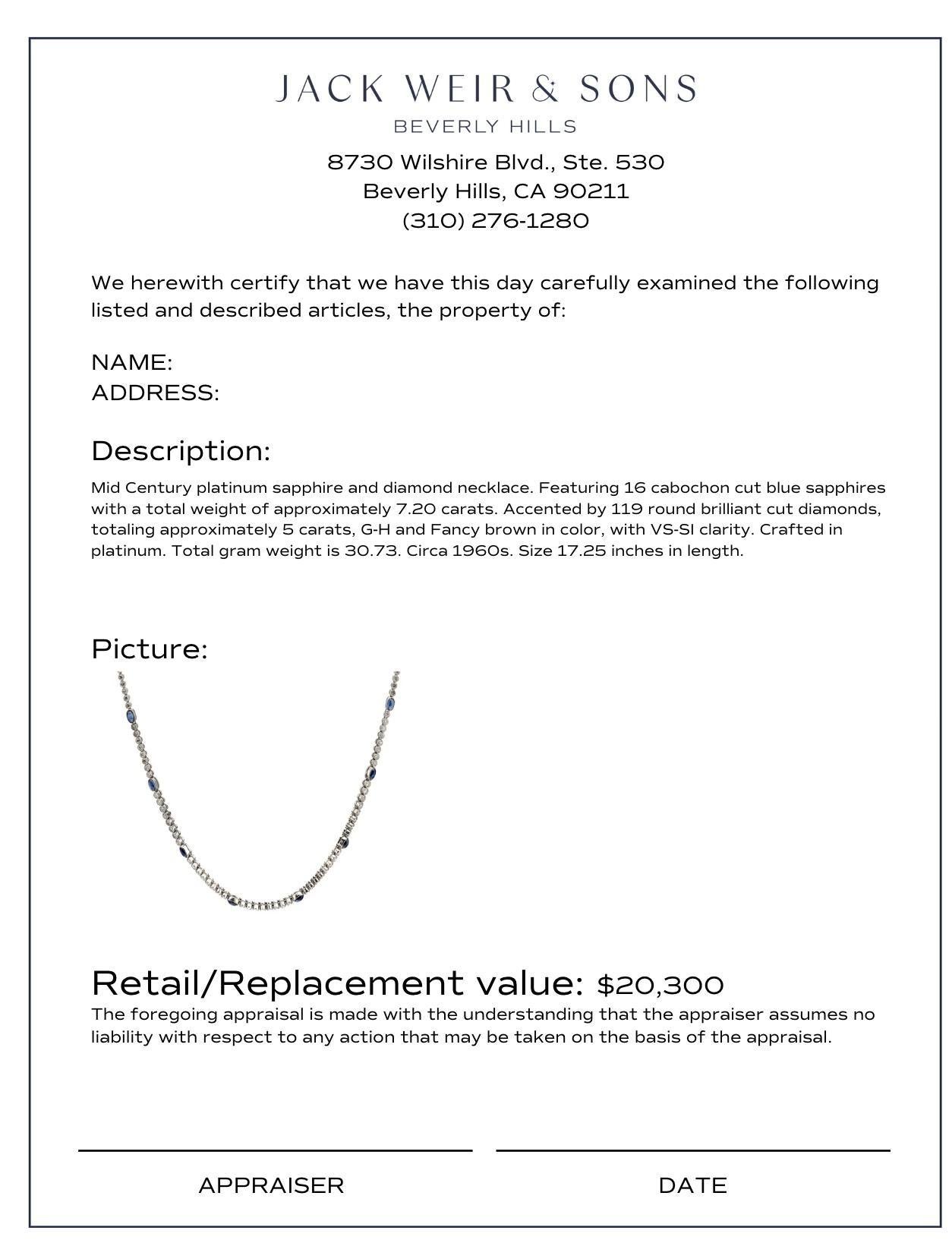 Mid Century 7.20 carat total weight sapphire diamond platinum necklace In Excellent Condition In Beverly Hills, CA