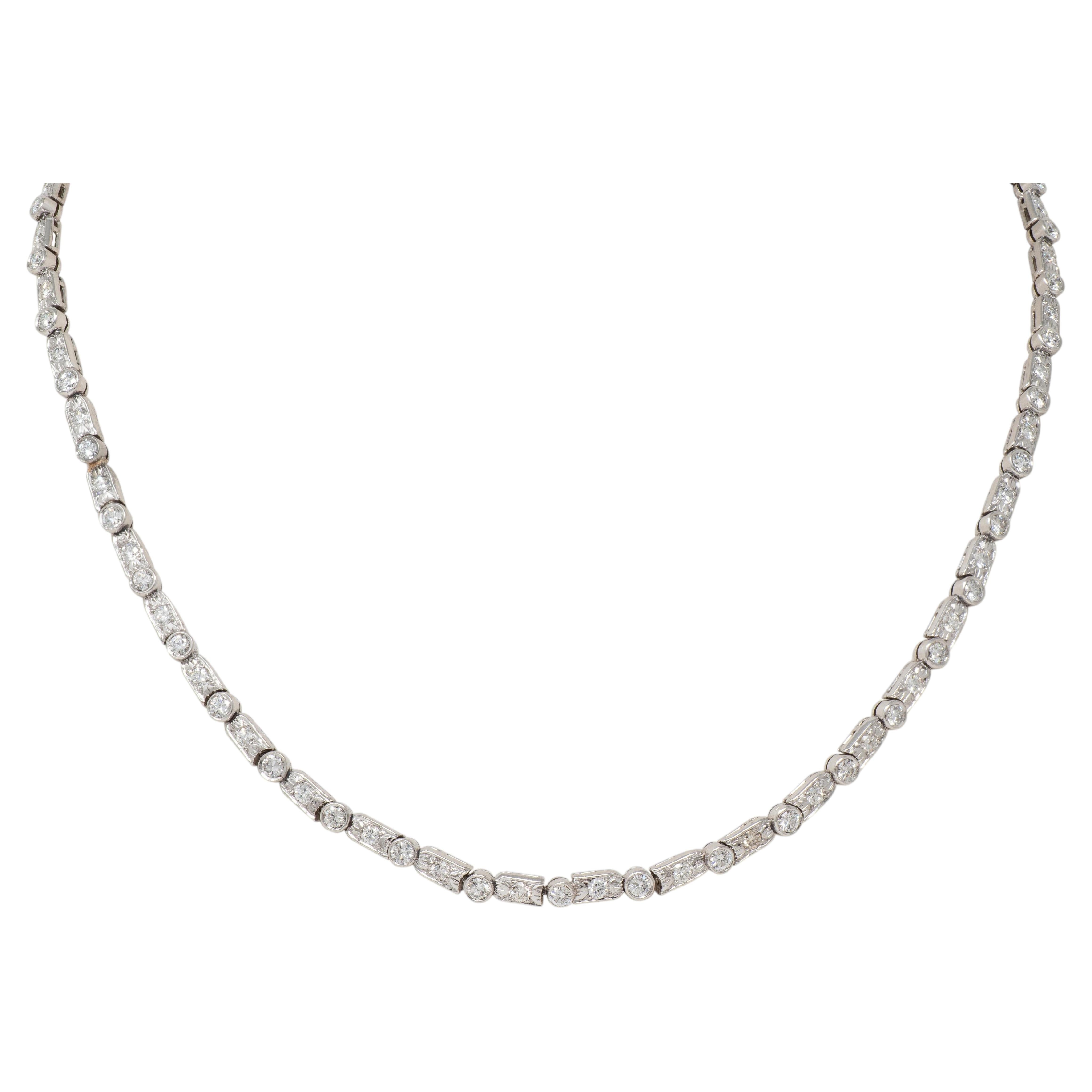 Mid-Century 7.21 CTW Diamond Platinum Vintage Dash & Dot Line Necklace For Sale