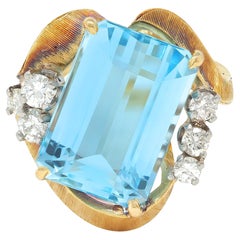 Mid-Century 7.40 CTW Aquamarine Diamond 18K Two-Tone Gold Vintage Cocktail Ring