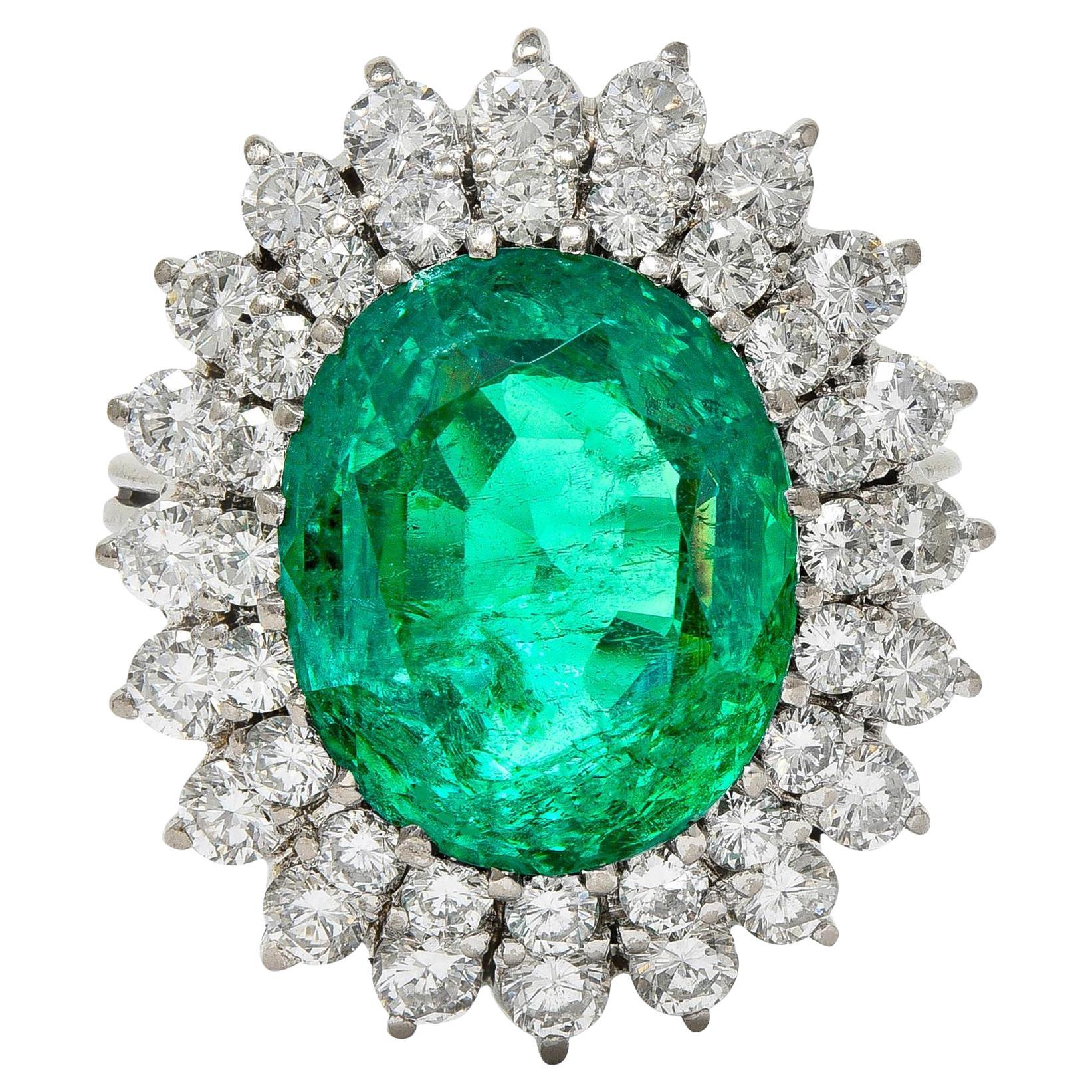 Mid-Century 7.60 CTW Emerald Diamond 18 Karat Gold Vintage Double Halo Ring AGL